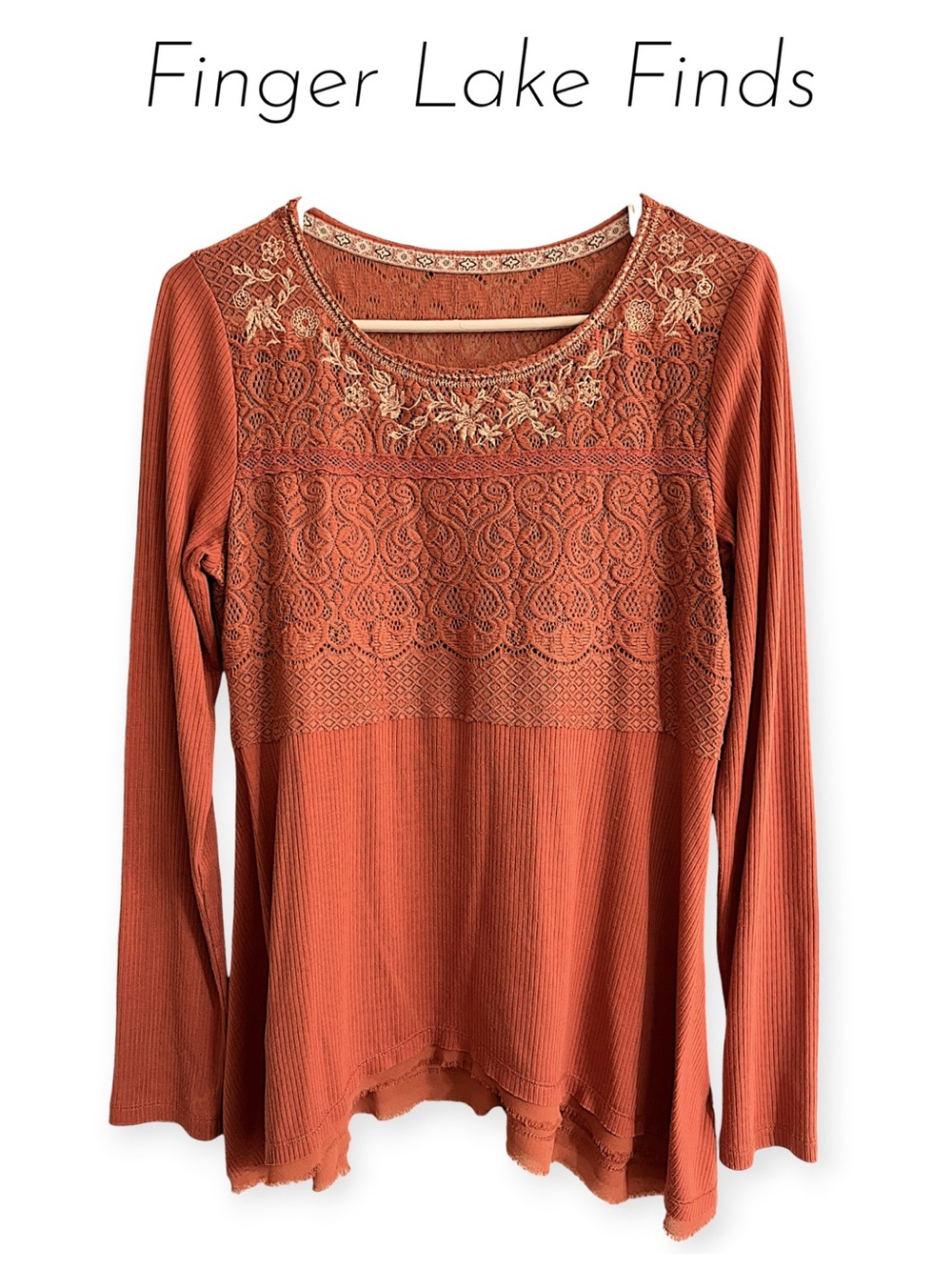 Women’s Long Sleeve Lace Yoke Top in Rust